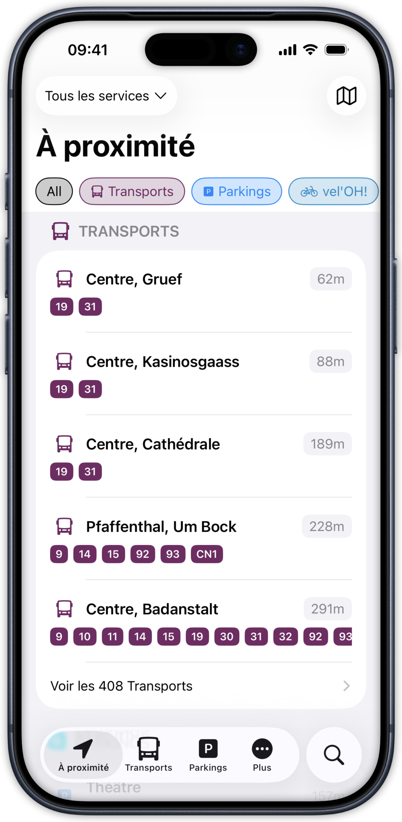Luxempoche app showing nearby transport stops with real-time information