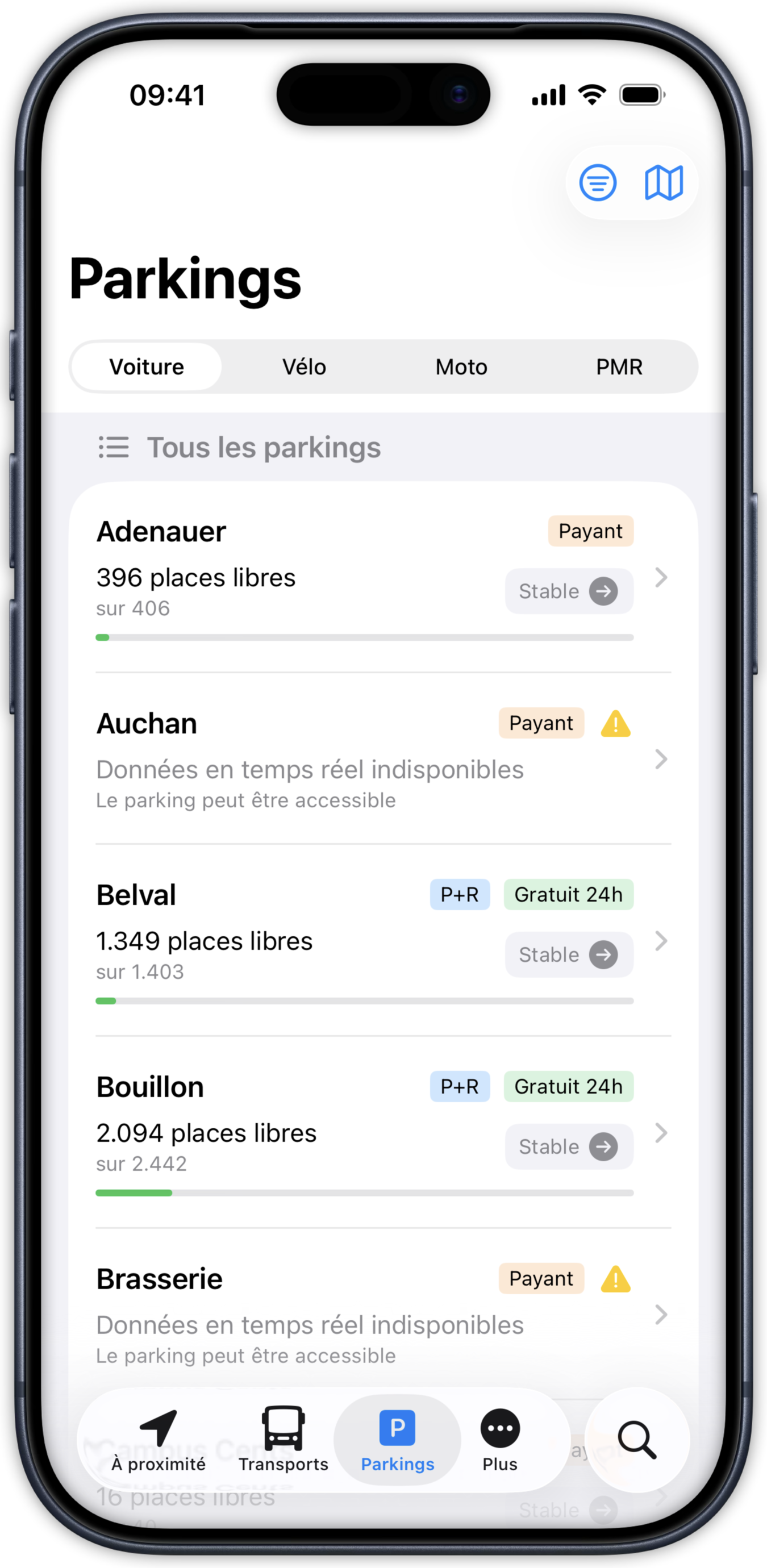 Parking screen with real-time availability data